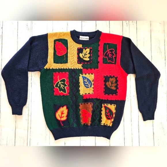 Alfred Dunner Sweaters - Vintage Alfred Dunner Blue Red Green Patchwork Longsleeve Fall Sweater Leaves